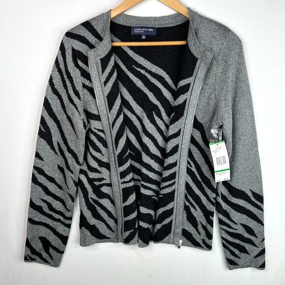 NWT Jones New York Signature Metallic Zebra Zip Cardigan LG - Picture 6 of 9